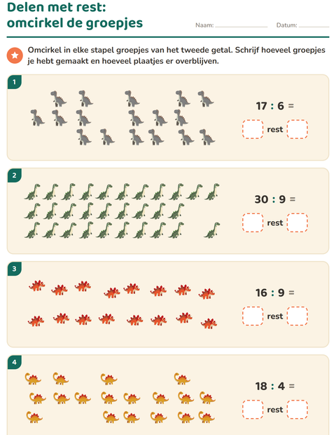 Voorbeeld van het Delen met rest-werkblad met Dinosaurussen voor groep 5
