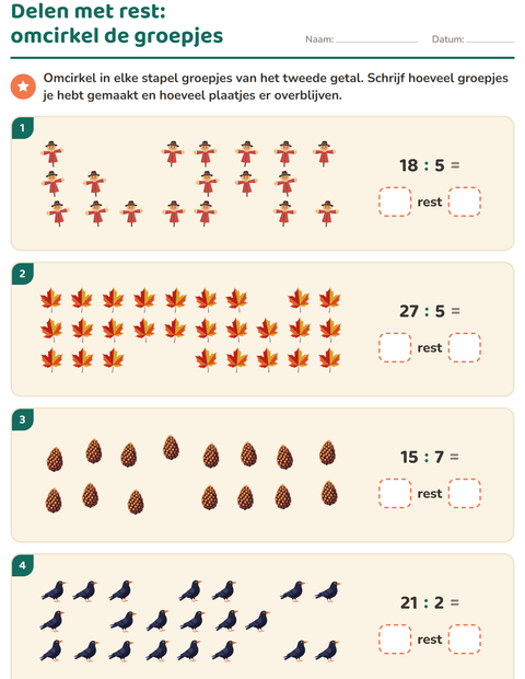 Voorbeeld van het Delen met rest-werkblad met Diversen voor groep 5