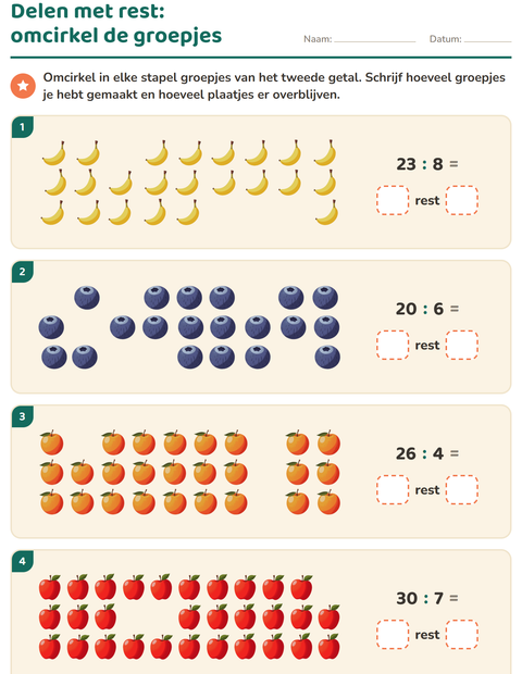 Voorbeeld van het Delen met rest-werkblad met Fruit voor groep 5
