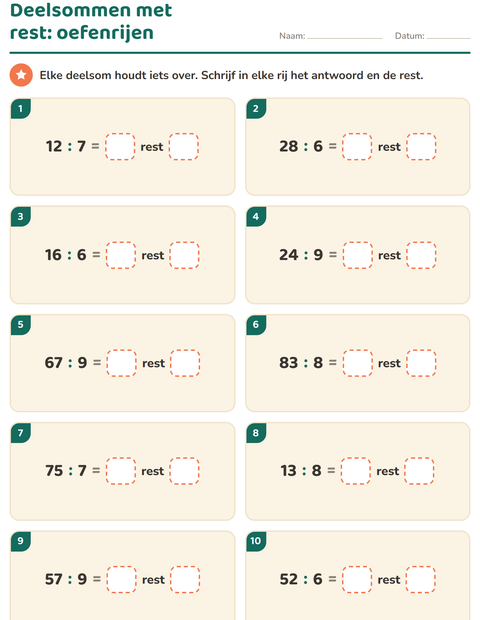 Voorbeeld van het Delen met rest-werkblad voor groep 5