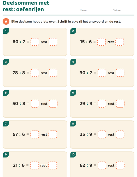 Voorbeeld van het Delen met rest-werkblad voor groep 5