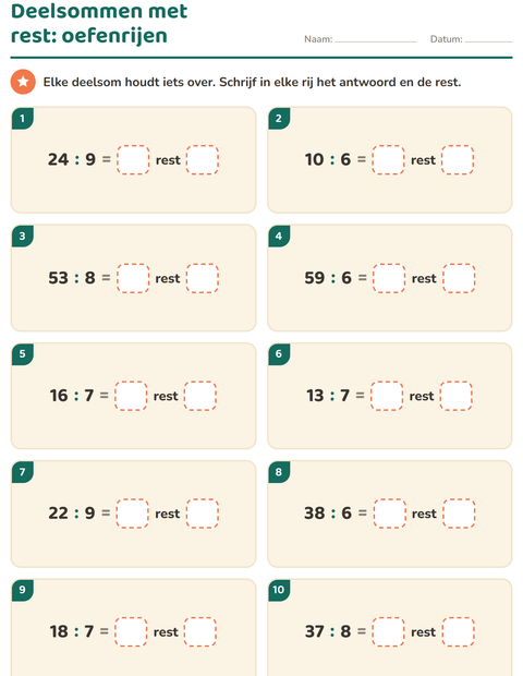 Voorbeeld van het Delen met rest-werkblad voor groep 5