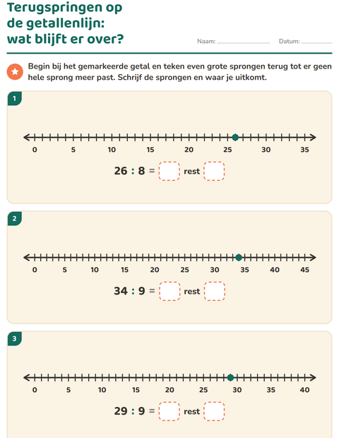 Voorbeeld van het Delen met rest-werkblad voor groep 5