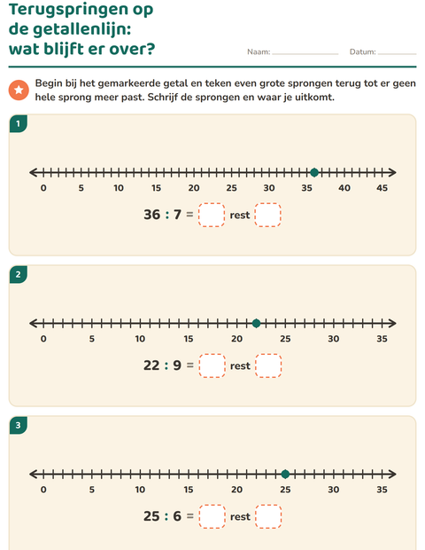 Voorbeeld van het Delen met rest-werkblad voor groep 5