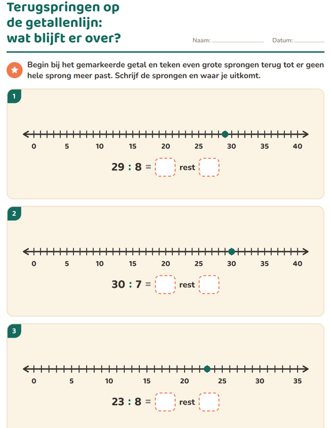 Voorbeeld van het Delen met rest-werkblad voor groep 5
