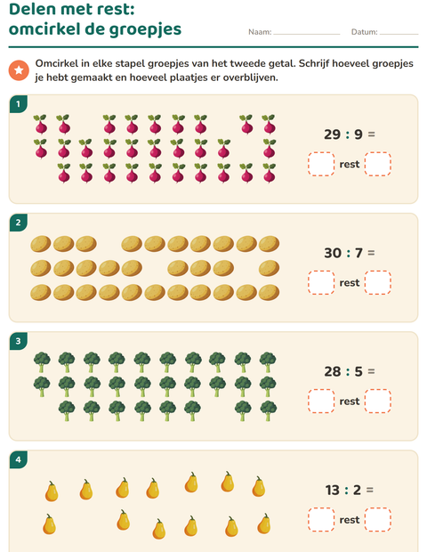 Voorbeeld van het Delen met rest-werkblad met Groenten voor groep 5