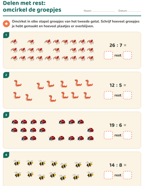 Voorbeeld van het Delen met rest-werkblad met Insecten en beestjes voor groep 5