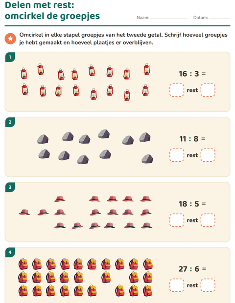 Voorbeeld van het Delen met rest-werkblad met Kamperen voor groep 5