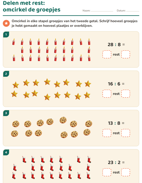 Voorbeeld van het Delen met rest-werkblad met Kerstmis voor groep 5