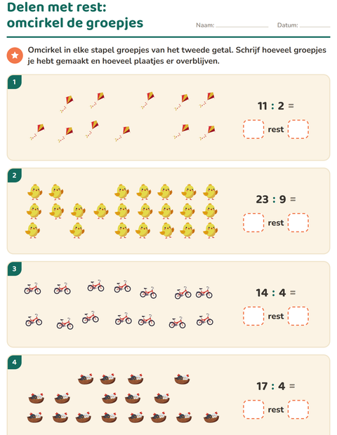 Voorbeeld van het Delen met rest-werkblad met Lente voor groep 5