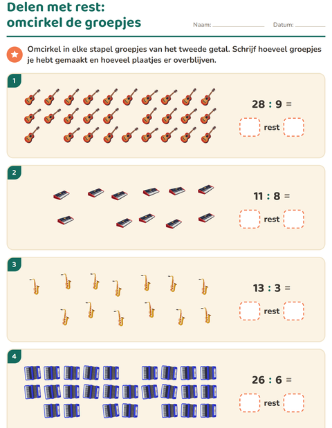 Voorbeeld van het Delen met rest-werkblad met Muziek voor groep 5