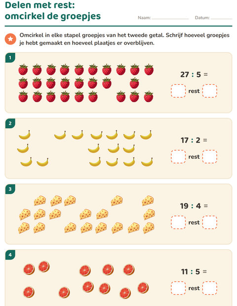 Voorbeeld van het Delen met rest-werkblad met Ontbijt voor groep 5