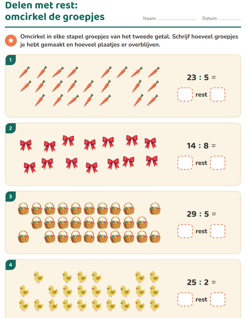 Voorbeeld van het Delen met rest-werkblad met Pasen voor groep 5