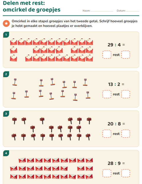 Voorbeeld van het Delen met rest-werkblad met Postkantoor voor groep 5