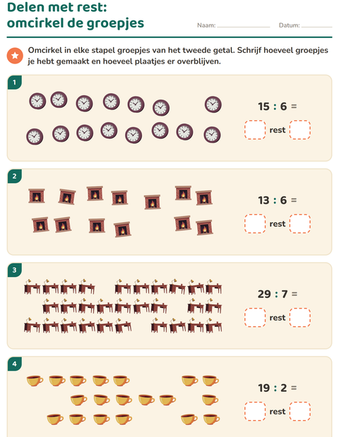 Voorbeeld van het Delen met rest-werkblad met Rond het huis voor groep 5