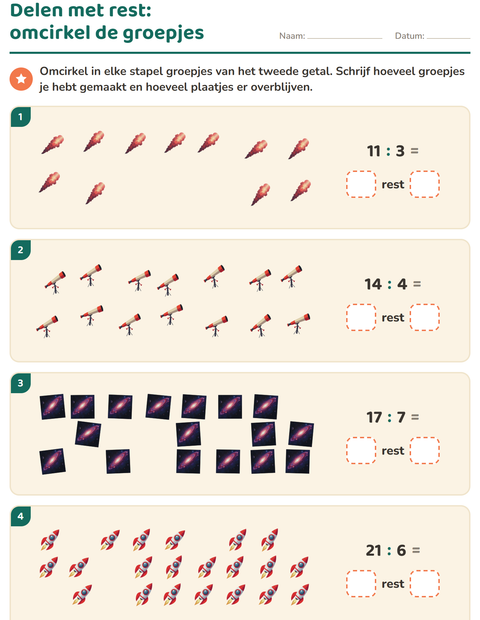 Voorbeeld van het Delen met rest-werkblad met Ruimte voor groep 5