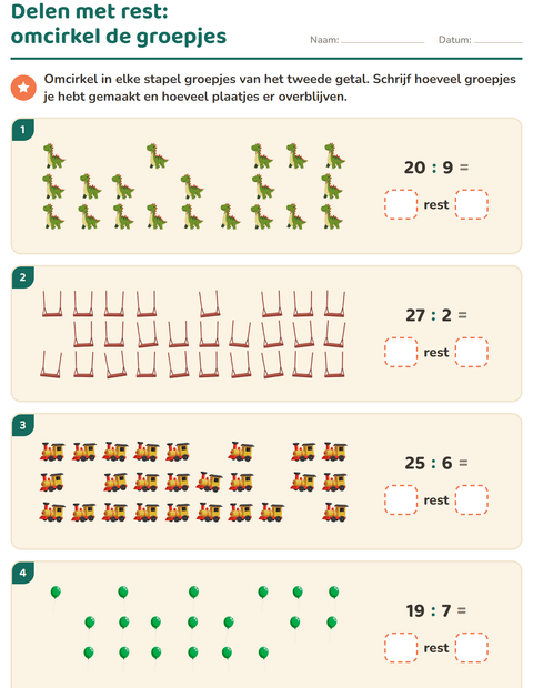 Voorbeeld van het Delen met rest-werkblad met Speelgoed voor groep 5
