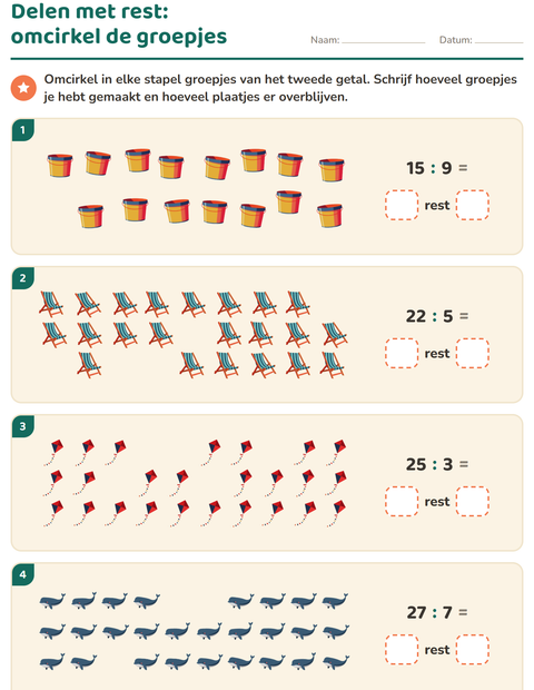 Voorbeeld van het Delen met rest-werkblad met Strand voor groep 5
