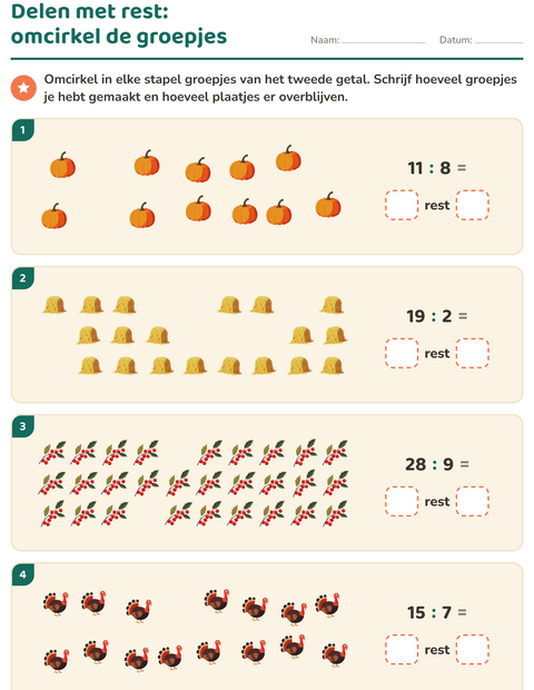 Voorbeeld van het Delen met rest-werkblad met Thanksgiving voor groep 5