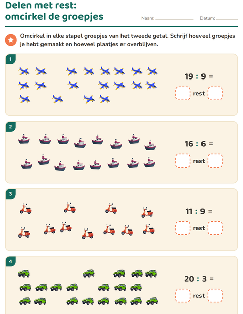 Voorbeeld van het Delen met rest-werkblad met Voertuigen voor groep 5
