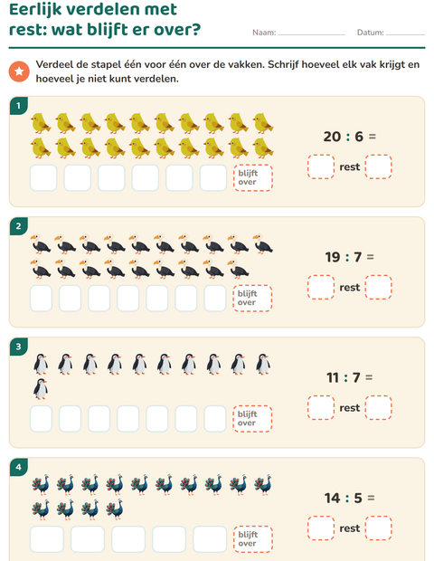 Voorbeeld van het Delen met rest-werkblad met Vogels 2 voor groep 5