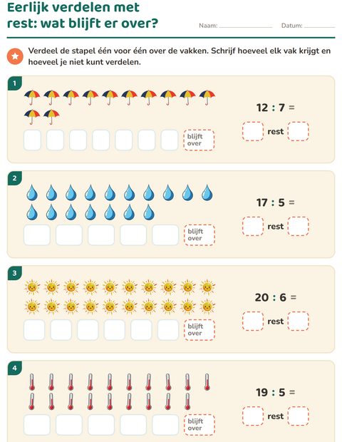 Voorbeeld van het Delen met rest-werkblad met Weer voor groep 5
