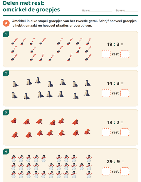 Voorbeeld van het Delen met rest-werkblad met Winter voor groep 5