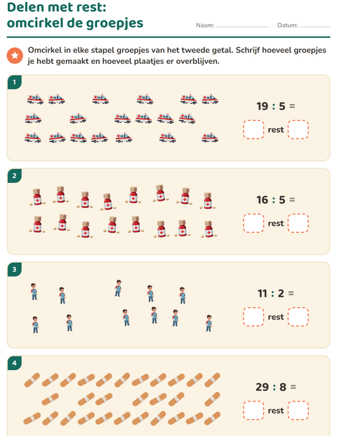 Voorbeeld van het Delen met rest-werkblad met Ziekenhuis voor groep 5