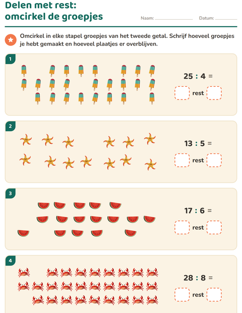 Voorbeeld van het Delen met rest-werkblad met Zomer voor groep 5