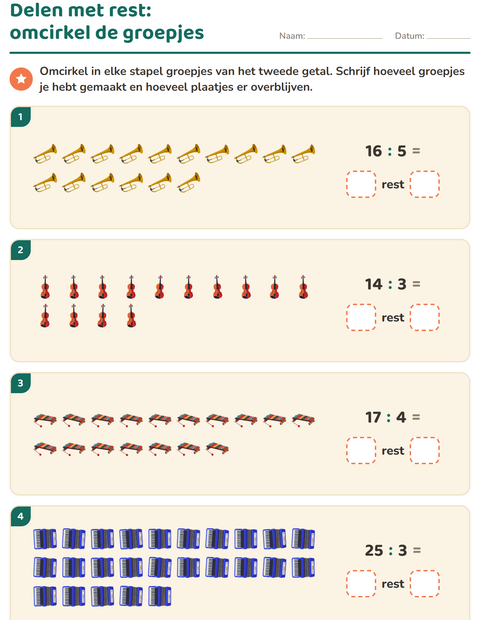 Voorbeeld van het Delen met rest-werkblad met Muziek voor groep 5