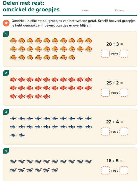 Voorbeeld van het Delen met rest-werkblad met Oceaanleven voor groep 5