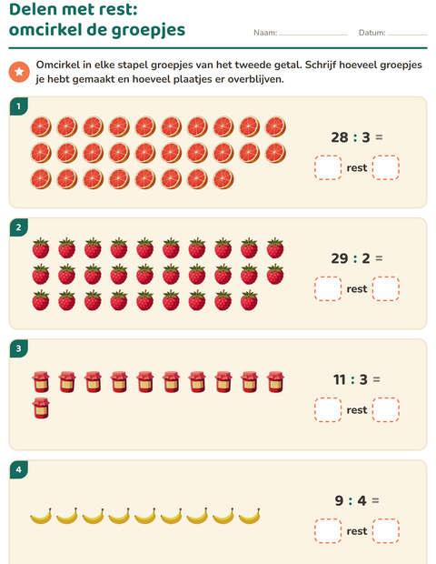Voorbeeld van het Delen met rest-werkblad met Ontbijt voor groep 5