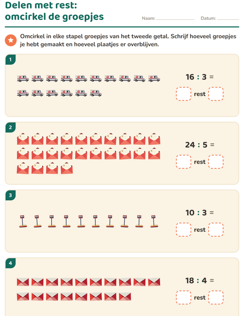 Voorbeeld van het Delen met rest-werkblad met Postkantoor voor groep 5