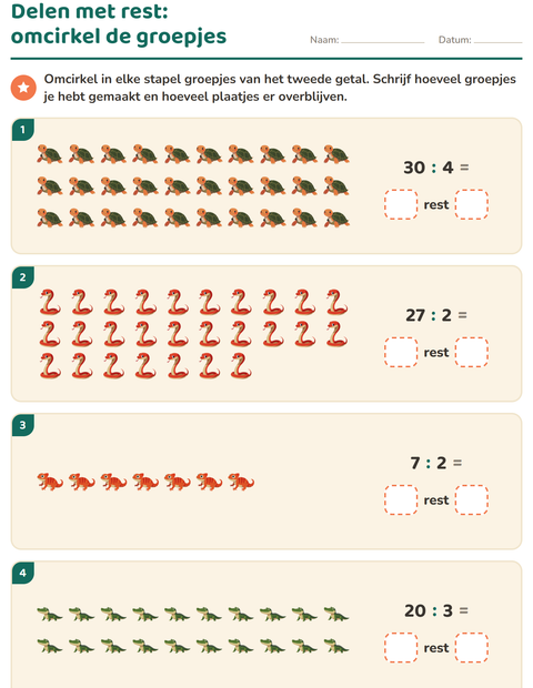 Voorbeeld van het Delen met rest-werkblad met Reptielen en amfibieën voor groep 5