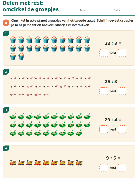 Voorbeeld van het Delen met rest-werkblad met Speelgoed voor groep 5