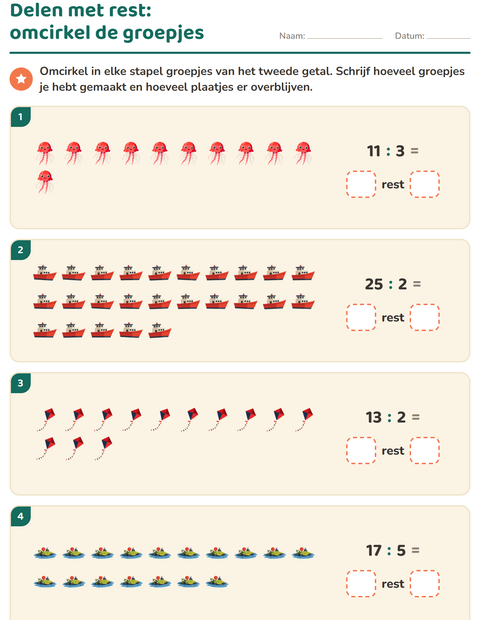 Voorbeeld van het Delen met rest-werkblad met Strand voor groep 5