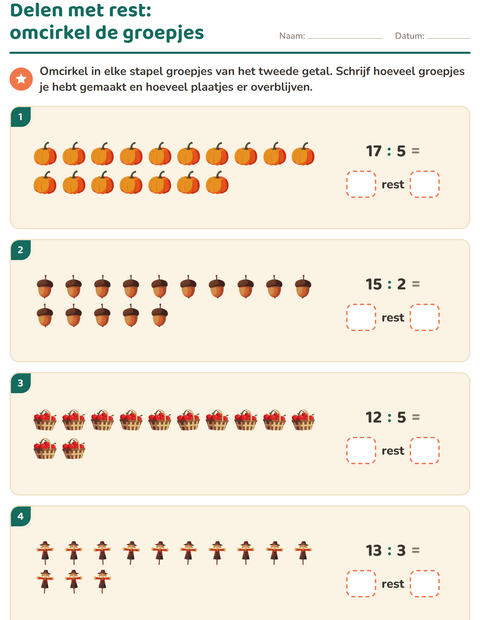 Voorbeeld van het Delen met rest-werkblad met Thanksgiving voor groep 5