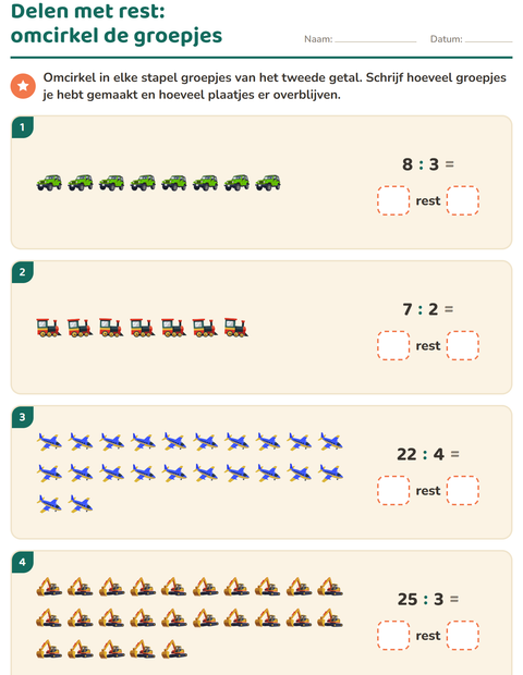 Voorbeeld van het Delen met rest-werkblad met Voertuigen voor groep 5