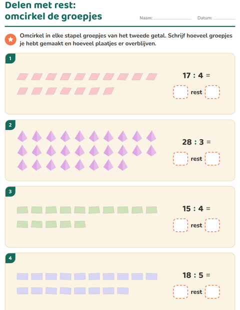 Voorbeeld van het Delen met rest-werkblad met Vormen voor groep 5