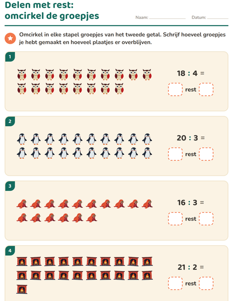 Voorbeeld van het Delen met rest-werkblad met Winter voor groep 5
