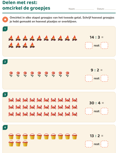 Voorbeeld van het Delen met rest-werkblad met Zomer voor groep 5