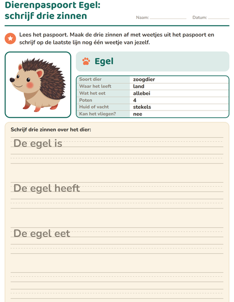 Voorbeeld van Dierenpaspoort: schrijf drie zinnen