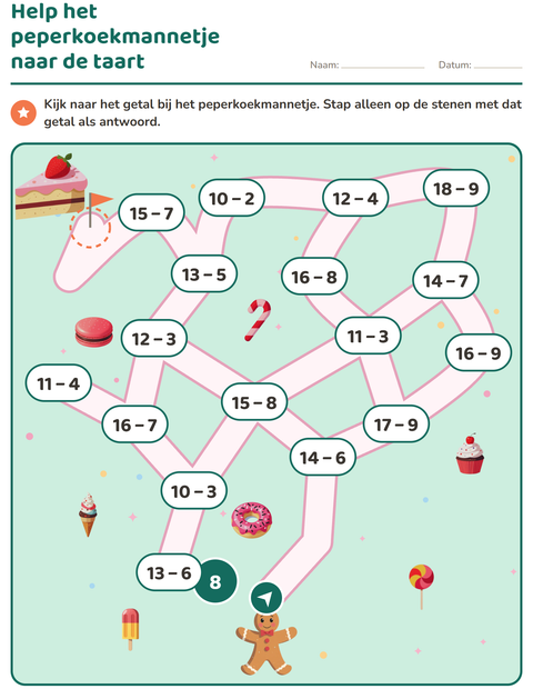 Voorbeeld van Rekendoolhof: minsommen tot 20 met het peperkoekmannetje