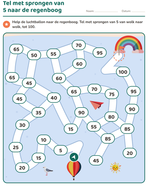 Voorbeeld van Rekendoolhof: tel met sprongen van 5 naar de regenboog