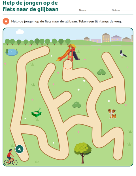 Voorbeeld van het Doolhofpuzzels-werkblad voor kleuterklas