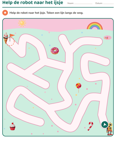 Voorbeeld van het Doolhofpuzzels-werkblad voor kleuterklas