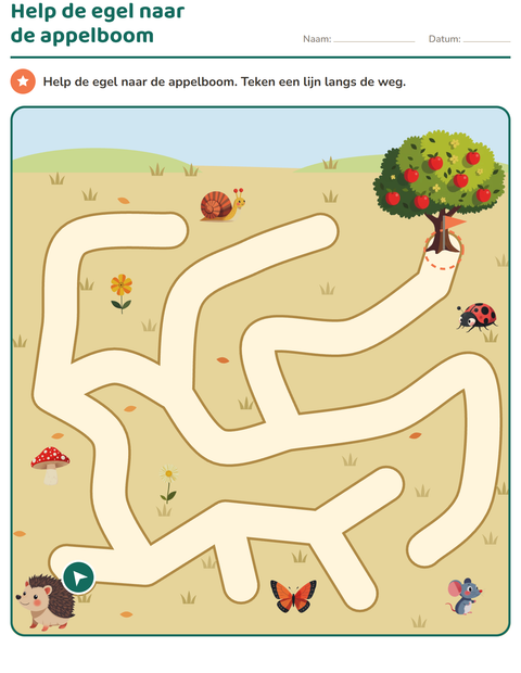 Doolhofpuzzel: help de egel naar de appelboom