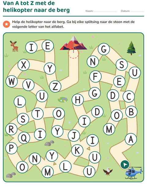 Voorbeeld van het Doolhofpuzzels-werkblad voor kleuterklas
