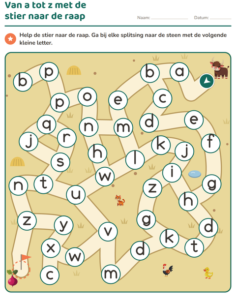 Voorbeeld van het Doolhofpuzzels-werkblad voor kleuterklas