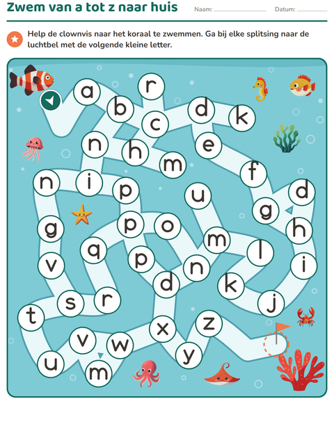 Voorbeeld van het Doolhofpuzzels-werkblad voor kleuterklas